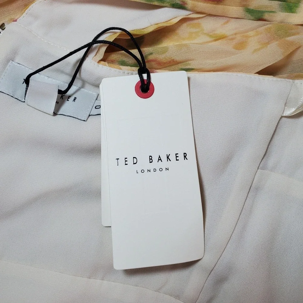 Ted‎ Baker Womens 0 US 2 Amerah Cross Front Pleated Midi Dress Tan Yellow Floral